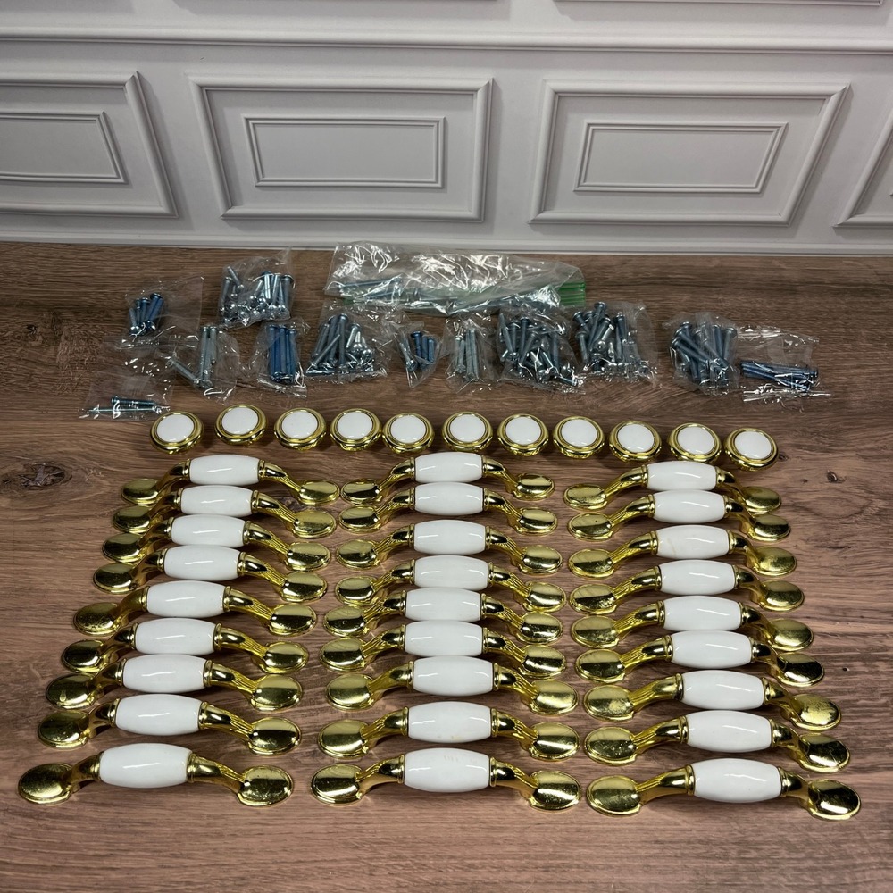 Cabinet Pulls Knobs Hardware 38pc White Gold Ceramic Traditional Regency Set‎